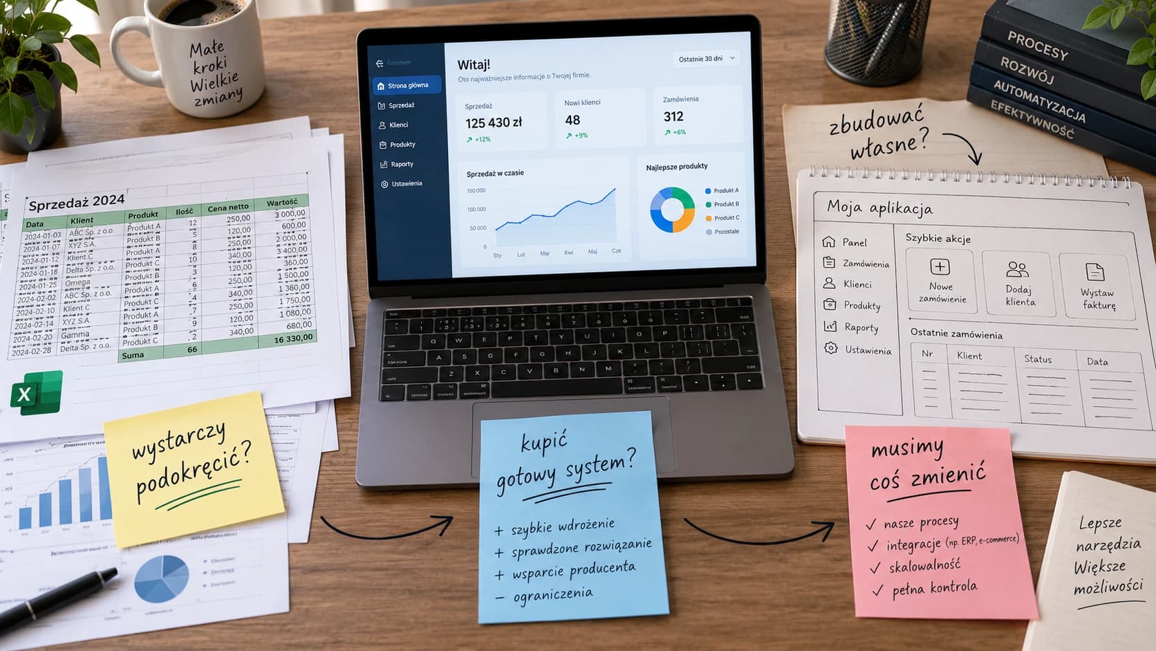 Excel, gotowy system i projekt własnej aplikacji na biurku — ilustracja koncepcyjna z danymi przykładowymi
