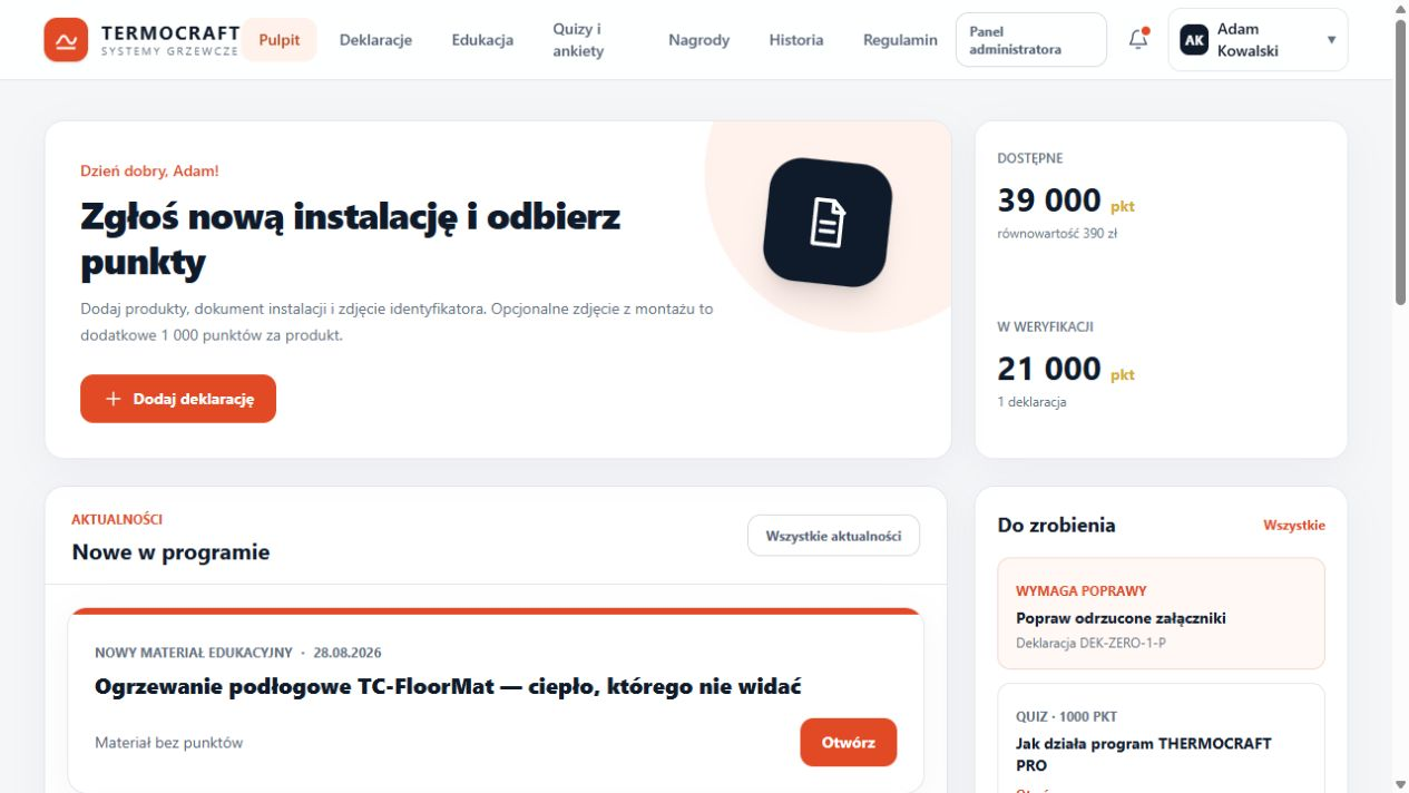 Panel uczestnika przykładowego programu lojalnościowego Pointsy TERMOCRAFT.